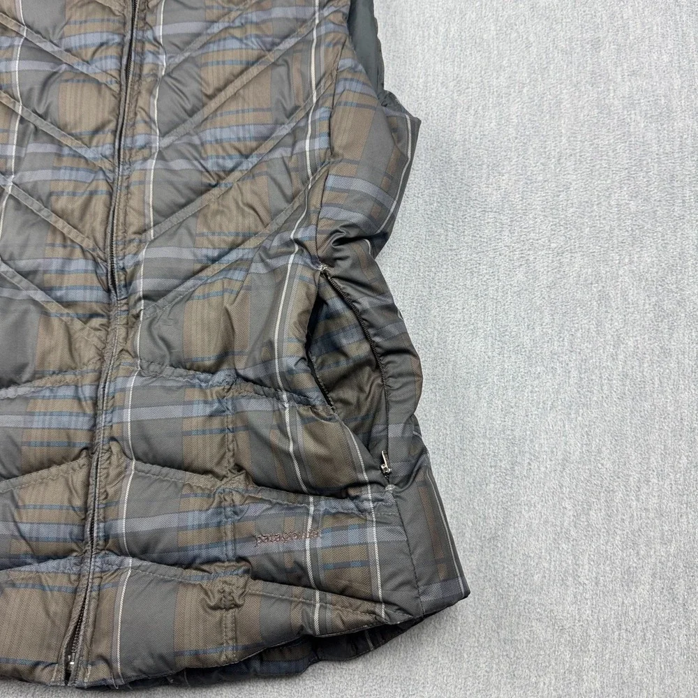 Patagonia Vest Womens Small Gray Brown Plaid Puffer Full Zip Goose Down Gorpcore